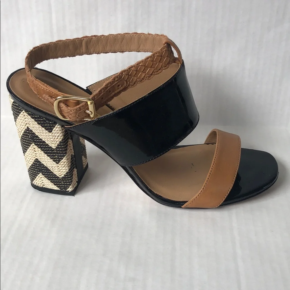Tabita Brazil Patent leather Block Heel Sandals Black and Tan Size 8